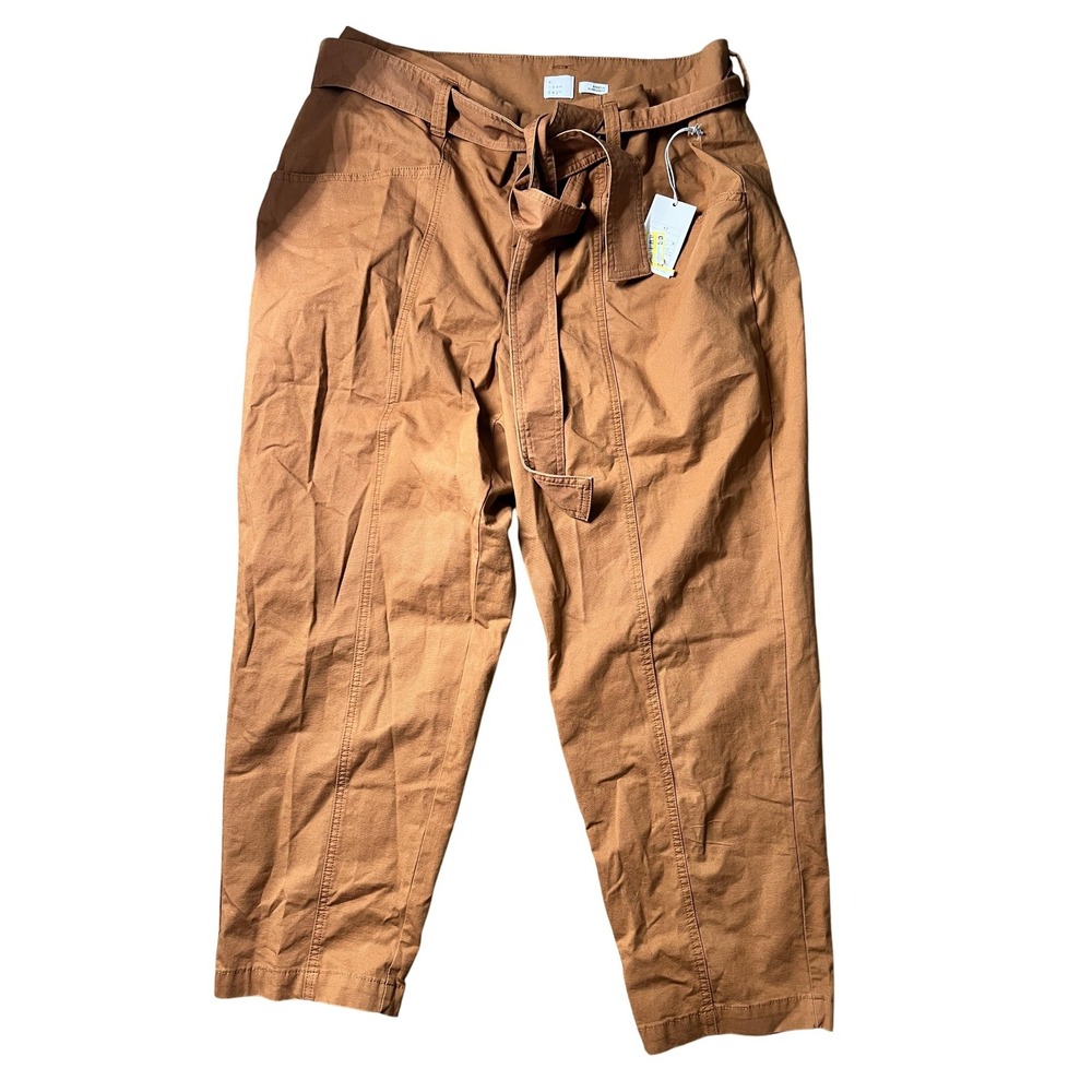A New Day Pants Womens 17 Brown Tie Waist Belted Straight Leg Stretch Workwear